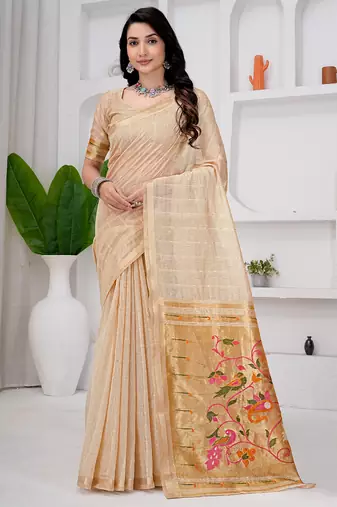 Womens elegant cotton silk saree with golden zari border and paithani inspired pallu with blouse