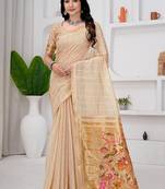 Womens elegant cotton silk saree with golden zari border and paithani inspired pallu with blouse