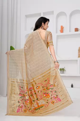 Womens elegant cotton silk saree with golden zari border and paithani inspired pallu with blouse