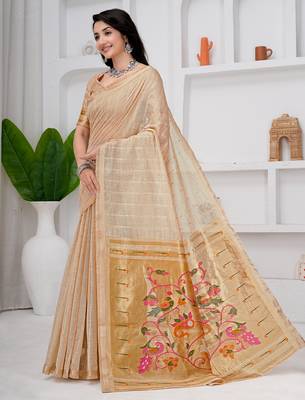 Womens elegant cotton silk saree with golden zari border and paithani inspired pallu with blouse 3