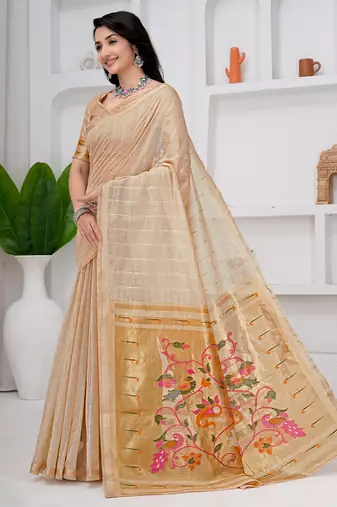 Womens elegant cotton silk saree with golden zari border and paithani inspired pallu with blouse
