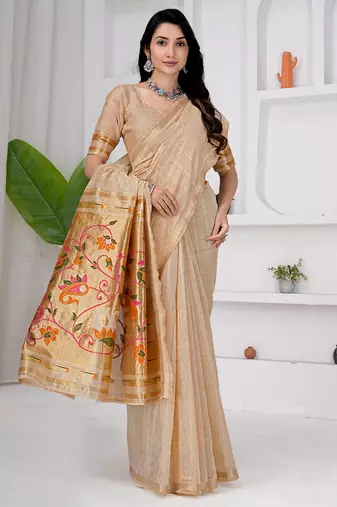 Womens elegant cotton silk saree with golden zari border and paithani inspired pallu with blouse