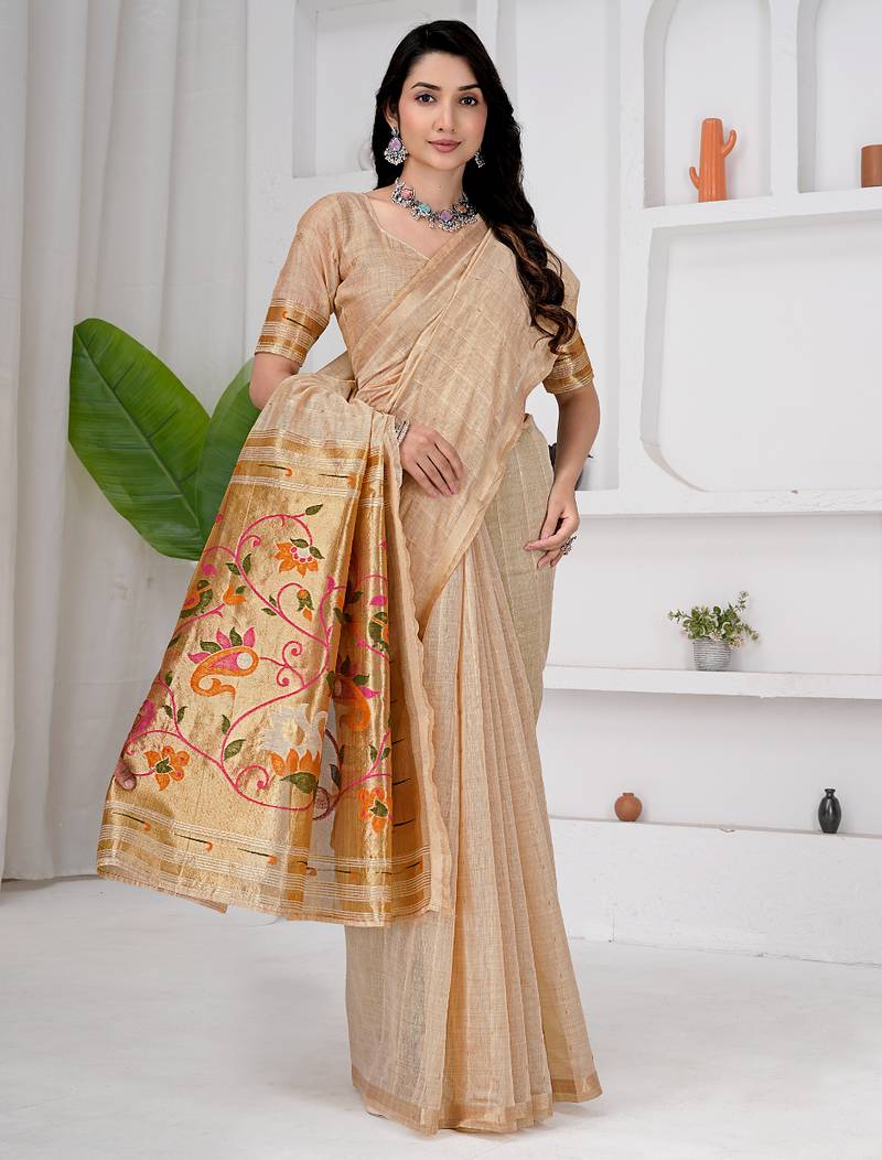 Womens elegant cotton silk saree with golden zari border and paithani inspired pallu with blouse