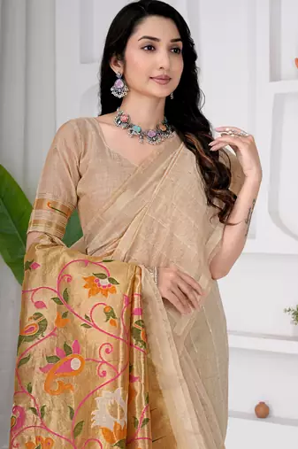 Womens elegant cotton silk saree with golden zari border and paithani inspired pallu with blouse