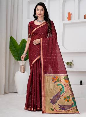 Womens elegant maroon  cotton silk saree with golden zari border and paithani inspired pallu with blouse 1