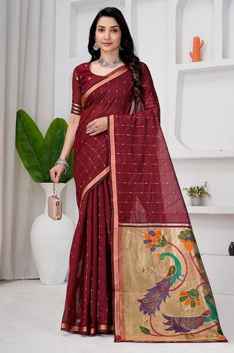 Womens elegant maroon  cotton silk saree with golden zari border and paithani inspired pallu with blouse