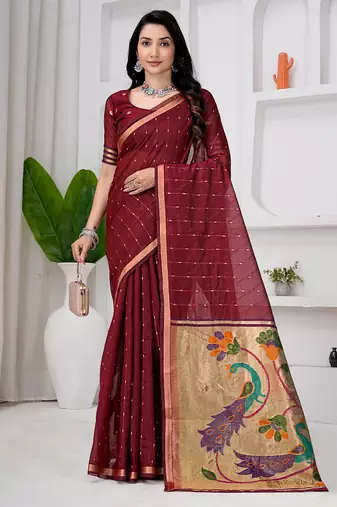 Womens elegant maroon  cotton silk saree with golden zari border and paithani inspired pallu with blouse