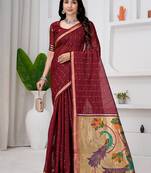 Womens elegant maroon  cotton silk saree with golden zari border and paithani inspired pallu with blouse