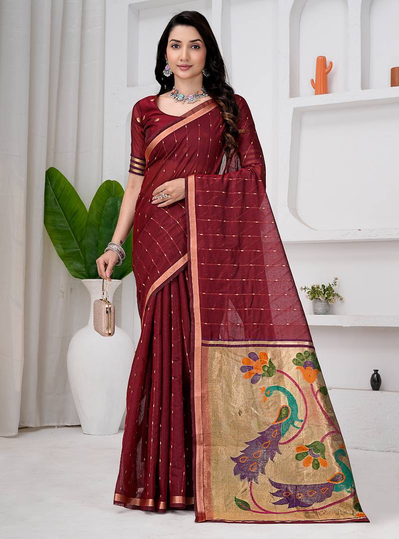 Womens elegant maroon  cotton silk saree with golden zari border and paithani inspired pallu with blouse