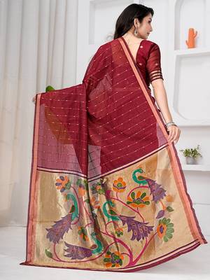 Womens elegant maroon  cotton silk saree with golden zari border and paithani inspired pallu with blouse 2