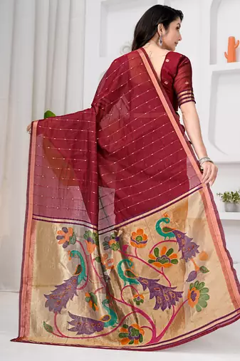 Womens elegant maroon  cotton silk saree with golden zari border and paithani inspired pallu with blouse