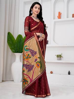 Womens elegant maroon  cotton silk saree with golden zari border and paithani inspired pallu with blouse 3