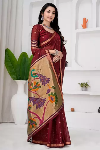 Womens elegant maroon  cotton silk saree with golden zari border and paithani inspired pallu with blouse