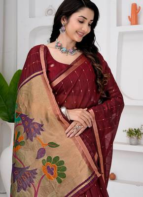 Womens elegant maroon  cotton silk saree with golden zari border and paithani inspired pallu with blouse 4
