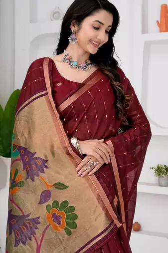 Womens elegant maroon  cotton silk saree with golden zari border and paithani inspired pallu with blouse