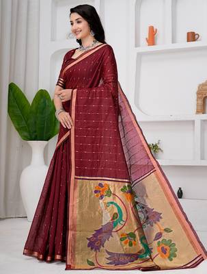 Womens elegant maroon  cotton silk saree with golden zari border and paithani inspired pallu with blouse 5