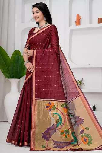 Womens elegant maroon  cotton silk saree with golden zari border and paithani inspired pallu with blouse