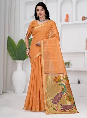 Womens elegant peach orange cotton silk saree with golden zari border and pallu with blouse 1