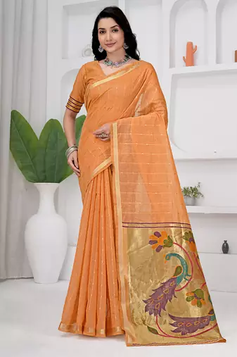 Womens elegant peach orange cotton silk saree with golden zari border and pallu with blouse