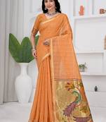 Womens elegant peach orange cotton silk saree with golden zari border and pallu with blouse