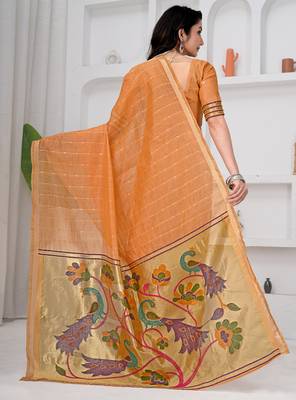 Womens elegant peach orange cotton silk saree with golden zari border and pallu with blouse 2
