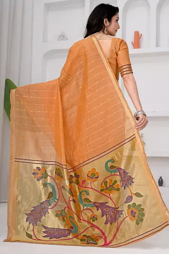 Womens elegant peach orange cotton silk saree with golden zari border and pallu with blouse