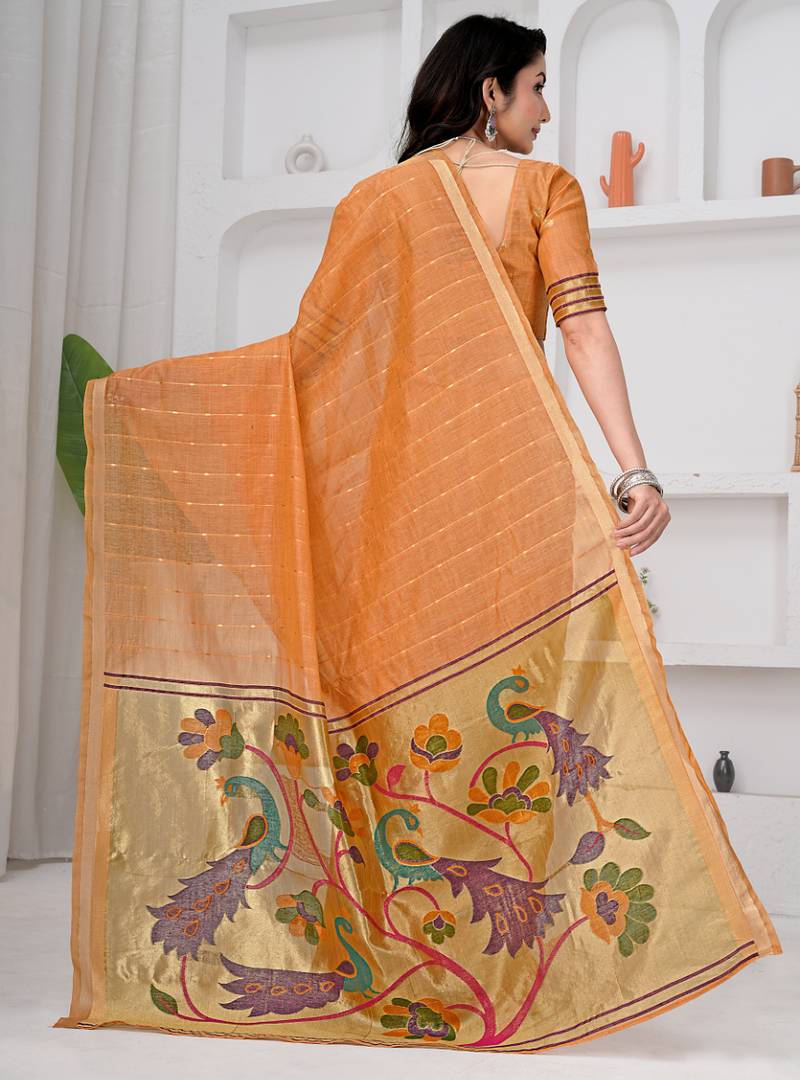 Womens elegant peach orange cotton silk saree with golden zari border and pallu with blouse