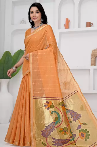 Womens elegant peach orange cotton silk saree with golden zari border and pallu with blouse