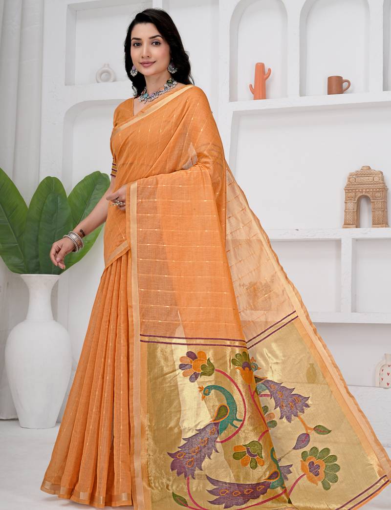 Womens elegant peach orange cotton silk saree with golden zari border and pallu with blouse