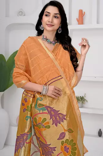 Womens elegant peach orange cotton silk saree with golden zari border and pallu with blouse