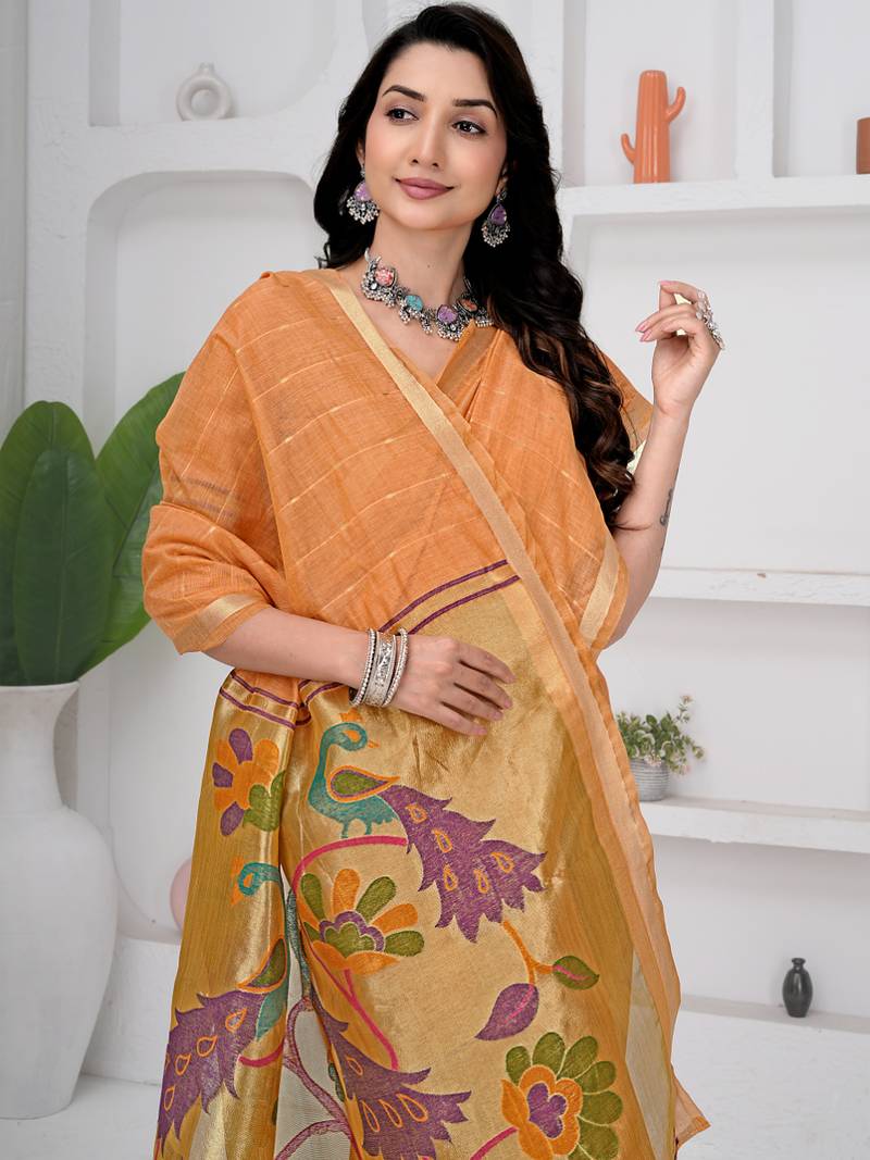 Womens elegant peach orange cotton silk saree with golden zari border and pallu with blouse