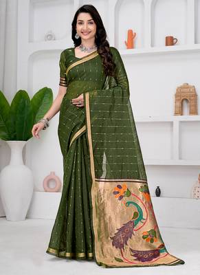 Womens elegant mahendi green cotton silk saree with golden zari border and paithani inspired pallu with blouse 1