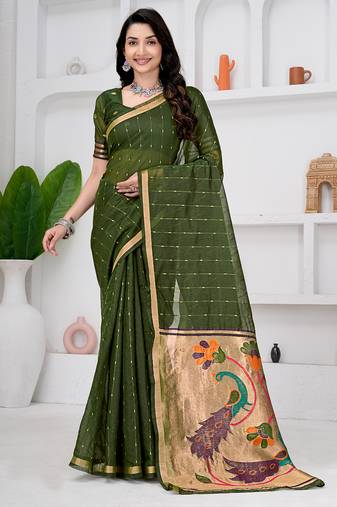 Womens elegant mahendi green cotton silk saree with golden zari border and paithani inspired pallu with blouse