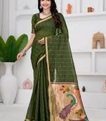 Womens elegant mahendi green cotton silk saree with golden zari border and paithani inspired pallu with blouse