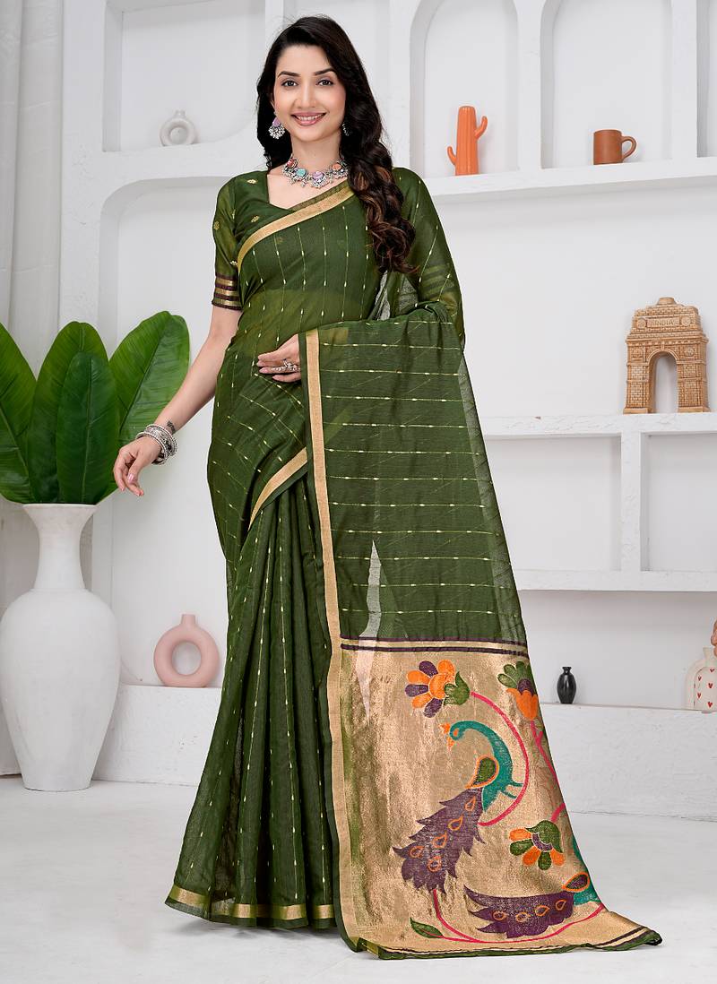 Womens elegant mahendi green cotton silk saree with golden zari border and paithani inspired pallu with blouse