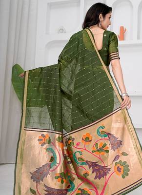 Womens elegant mahendi green cotton silk saree with golden zari border and paithani inspired pallu with blouse 2