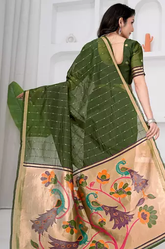 Womens elegant mahendi green cotton silk saree with golden zari border and paithani inspired pallu with blouse