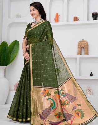 Womens elegant mahendi green cotton silk saree with golden zari border and paithani inspired pallu with blouse 3