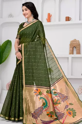 Womens elegant mahendi green cotton silk saree with golden zari border and paithani inspired pallu with blouse