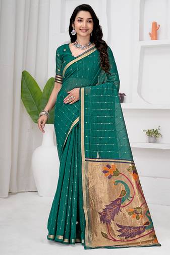 Womens elegant rama green cotton silk saree with golden zari border and paithani inspired pallu with blouse
