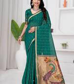Womens elegant rama green cotton silk saree with golden zari border and paithani inspired pallu with blouse