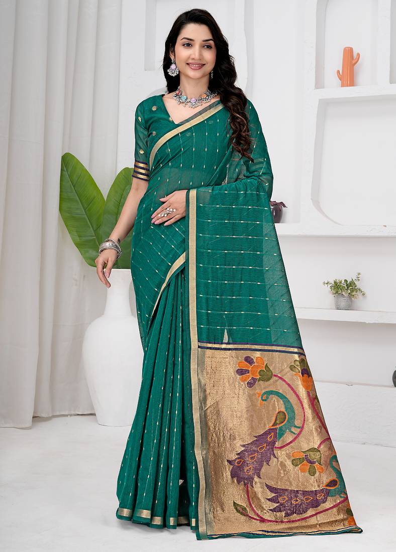 Womens elegant rama green cotton silk saree with golden zari border and paithani inspired pallu with blouse