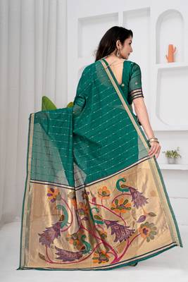 Womens elegant rama green cotton silk saree with golden zari border and paithani inspired pallu with blouse 2
