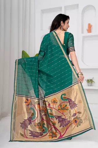 Womens elegant rama green cotton silk saree with golden zari border and paithani inspired pallu with blouse