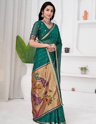 Womens elegant rama green cotton silk saree with golden zari border and paithani inspired pallu with blouse 3