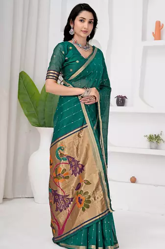 Womens elegant rama green cotton silk saree with golden zari border and paithani inspired pallu with blouse
