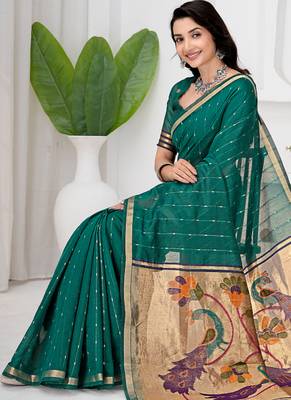 Womens elegant rama green cotton silk saree with golden zari border and paithani inspired pallu with blouse 4