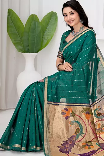 Womens elegant rama green cotton silk saree with golden zari border and paithani inspired pallu with blouse