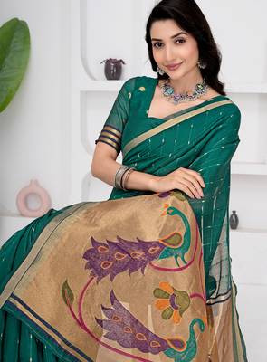Womens elegant rama green cotton silk saree with golden zari border and paithani inspired pallu with blouse 5