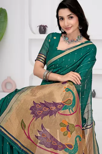 Womens elegant rama green cotton silk saree with golden zari border and paithani inspired pallu with blouse